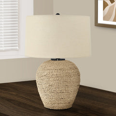 25" Table Lamp with Rattan Base and Linen Drum Shade