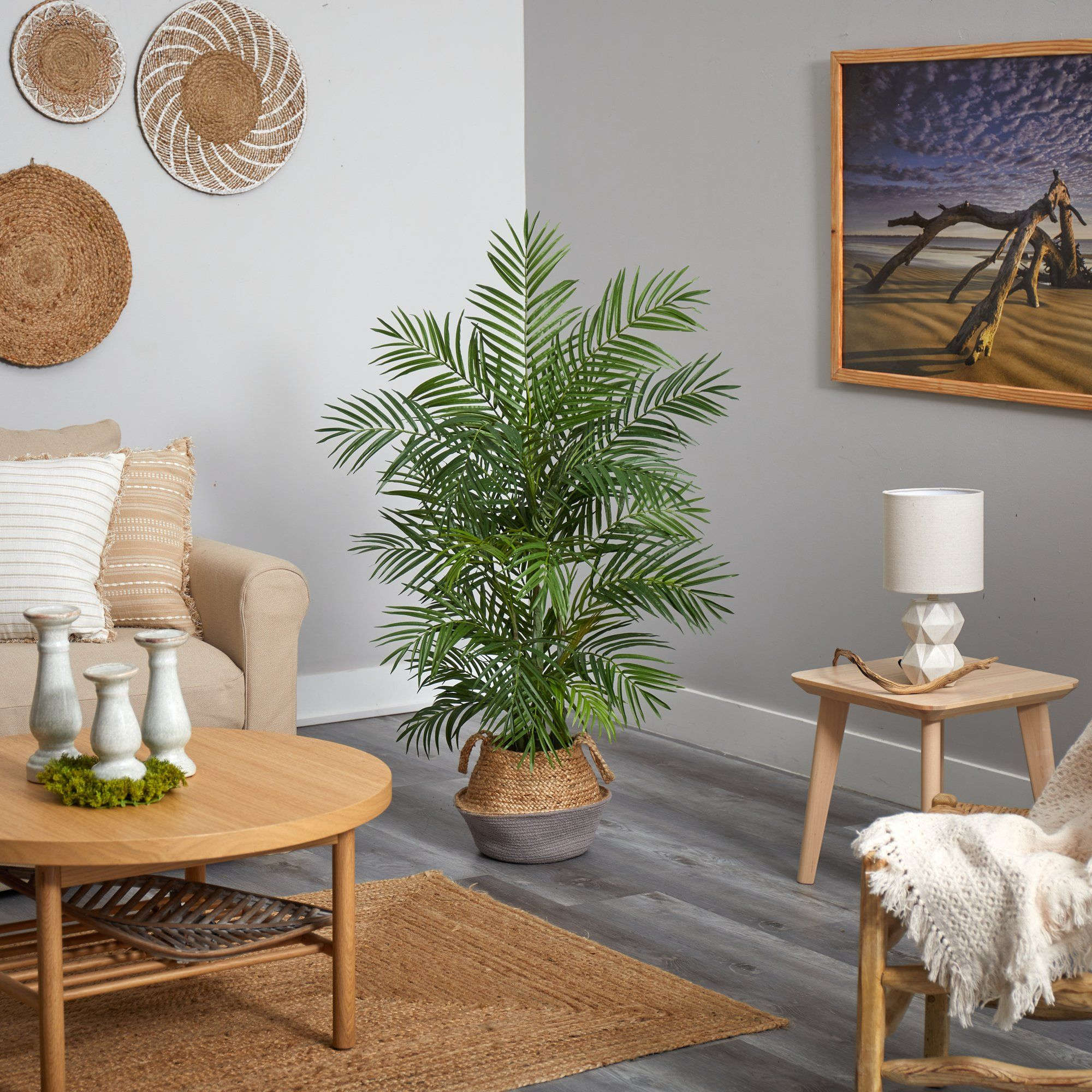 4' Areca Artificial Palm Branches in Boho Chic Handmade Cotton & Jute Gray Woven Planter House Nimbus