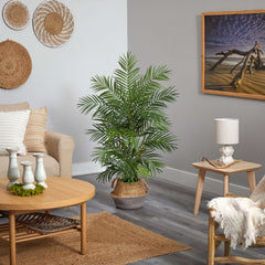 4' Areca Artificial Palm Branches in Boho Chic Handmade Cotton & Jute Gray Woven Planter House Nimbus