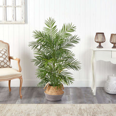 4' Areca Artificial Palm Branches in Boho Chic Handmade Cotton & Jute Gray Woven Planter House Nimbus