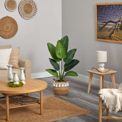 4’ Travelers Palm Artificial Tree in Boho Chic Handmade Natural Cotton Woven Planter with Tassels House Nimbus