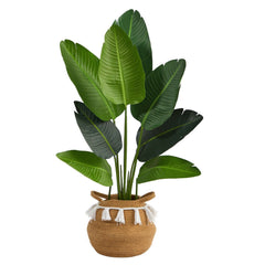 4’ Travelers Palm Artificial Tree in Boho Chic Handmade Natural Cotton Woven Planter with Tassels House Nimbus