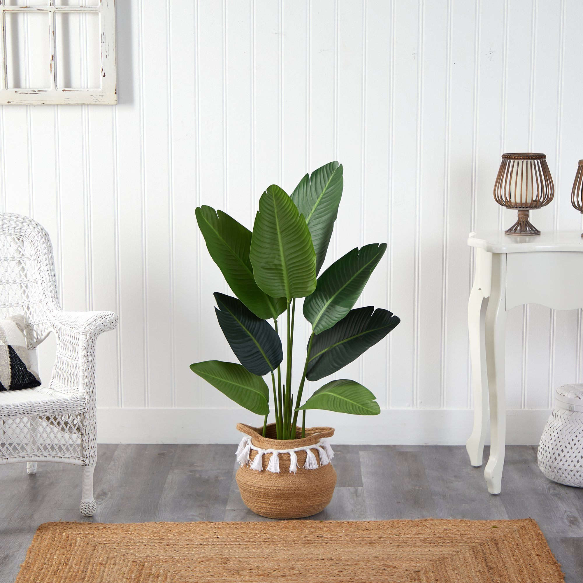 4’ Travelers Palm Artificial Tree in Boho Chic Handmade Natural Cotton Woven Planter with Tassels House Nimbus