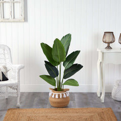 4’ Travelers Palm Artificial Tree in Boho Chic Handmade Natural Cotton Woven Planter with Tassels House Nimbus