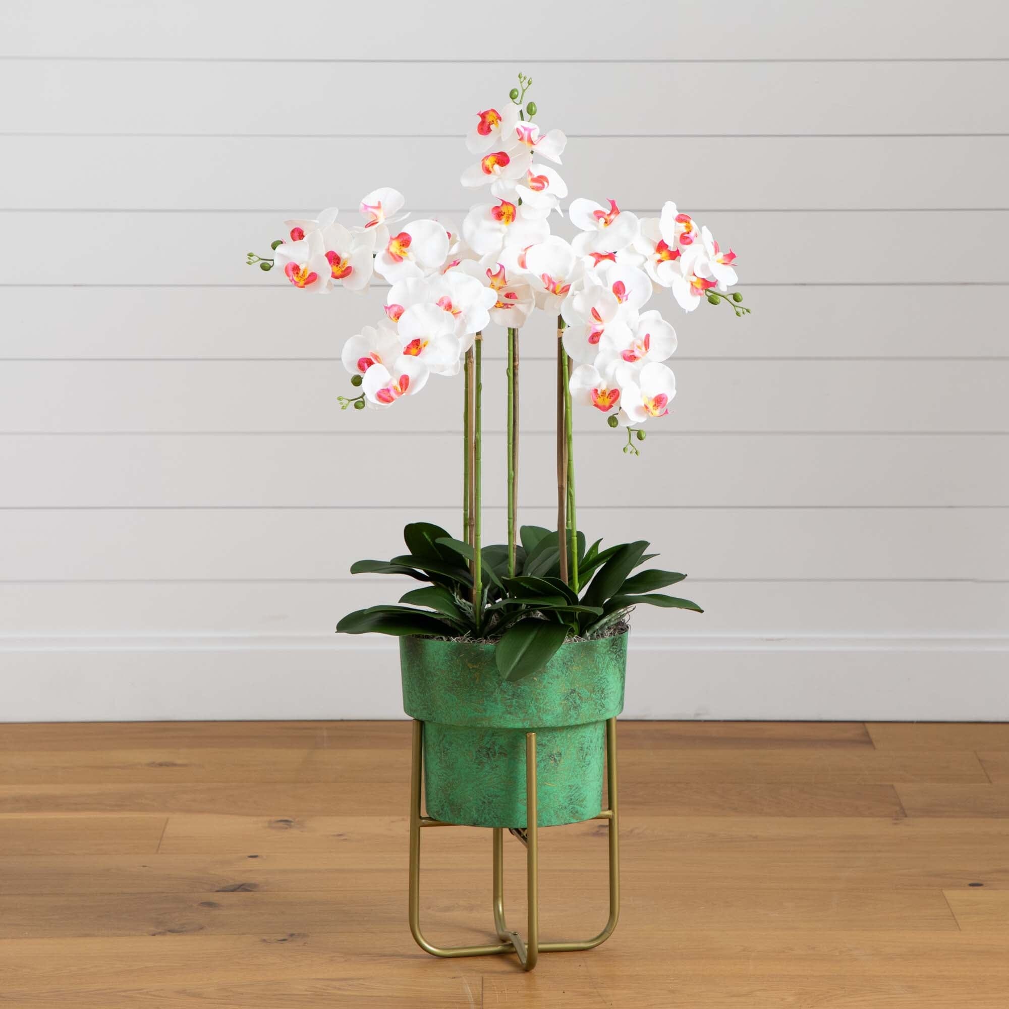 43” Artificial Orchid Arrangement in Patina Metal Planter with Stand House Nimbus