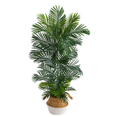 5’ Areca Palm Tree in Boho Chic Handmade Cotton & Jute White Woven Planter UV Resistant House Nimbus