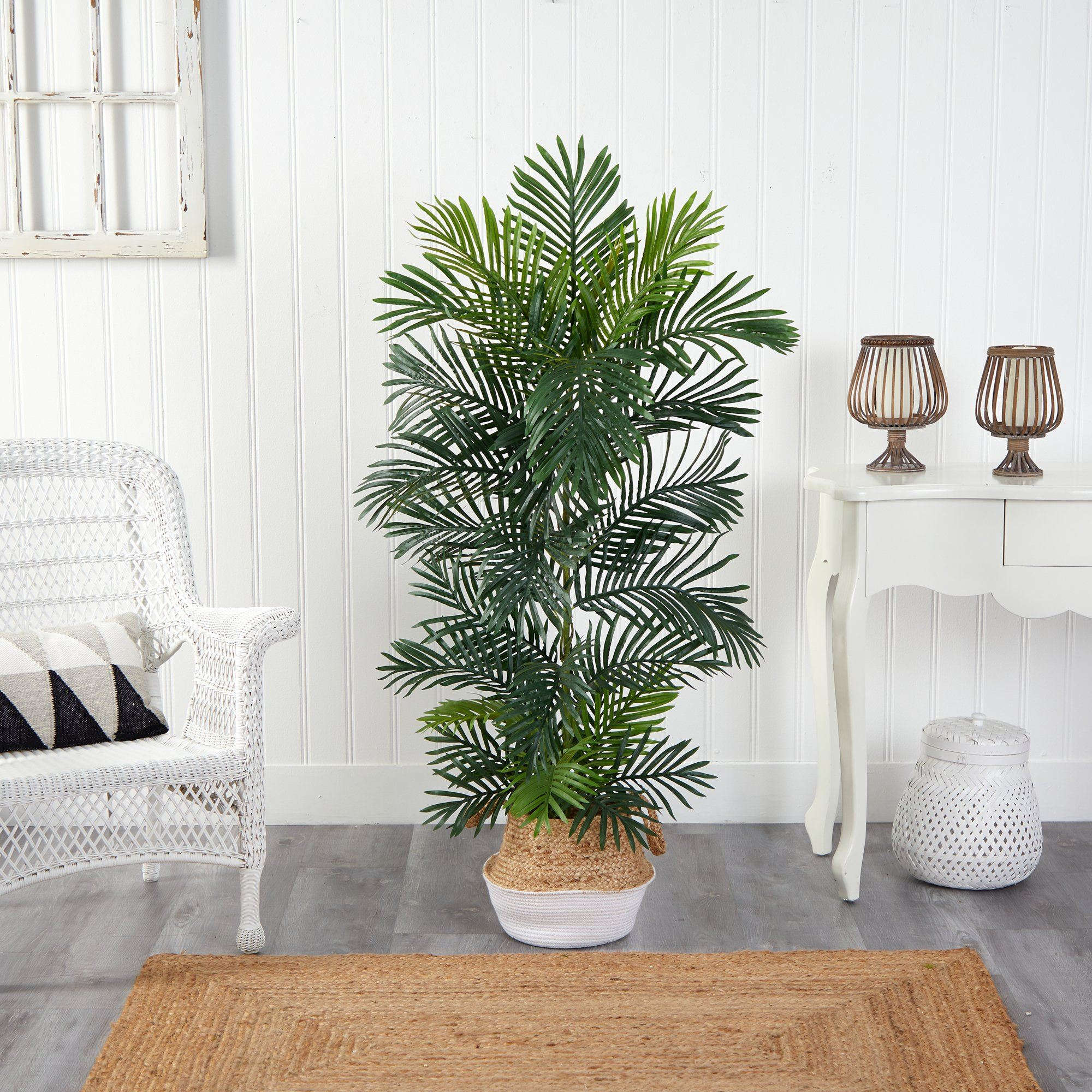 5’ Areca Palm Tree in Boho Chic Handmade Cotton & Jute White Woven Planter UV Resistant House Nimbus