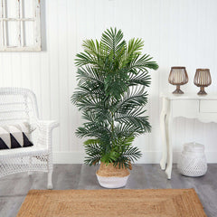 5’ Areca Palm Tree in Boho Chic Handmade Cotton & Jute White Woven Planter UV Resistant House Nimbus
