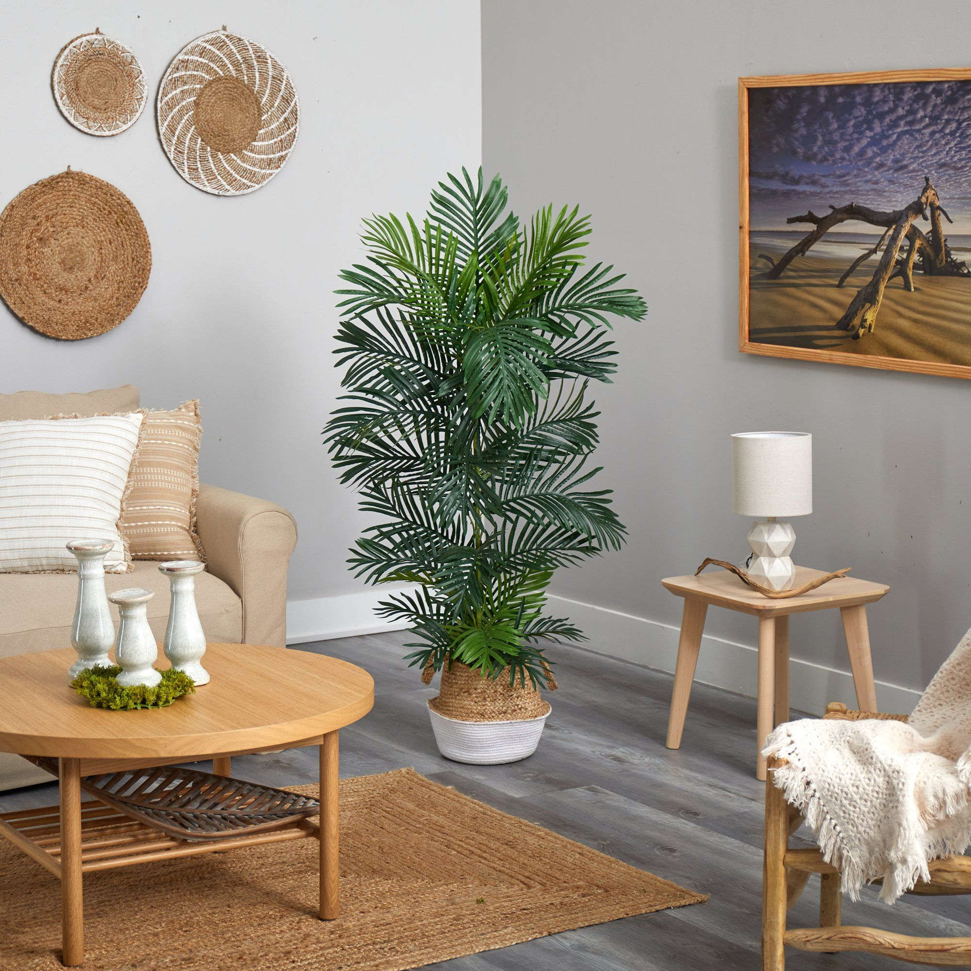 5’ Areca Palm Tree in Boho Chic Handmade Cotton & Jute White Woven Planter UV Resistant House Nimbus