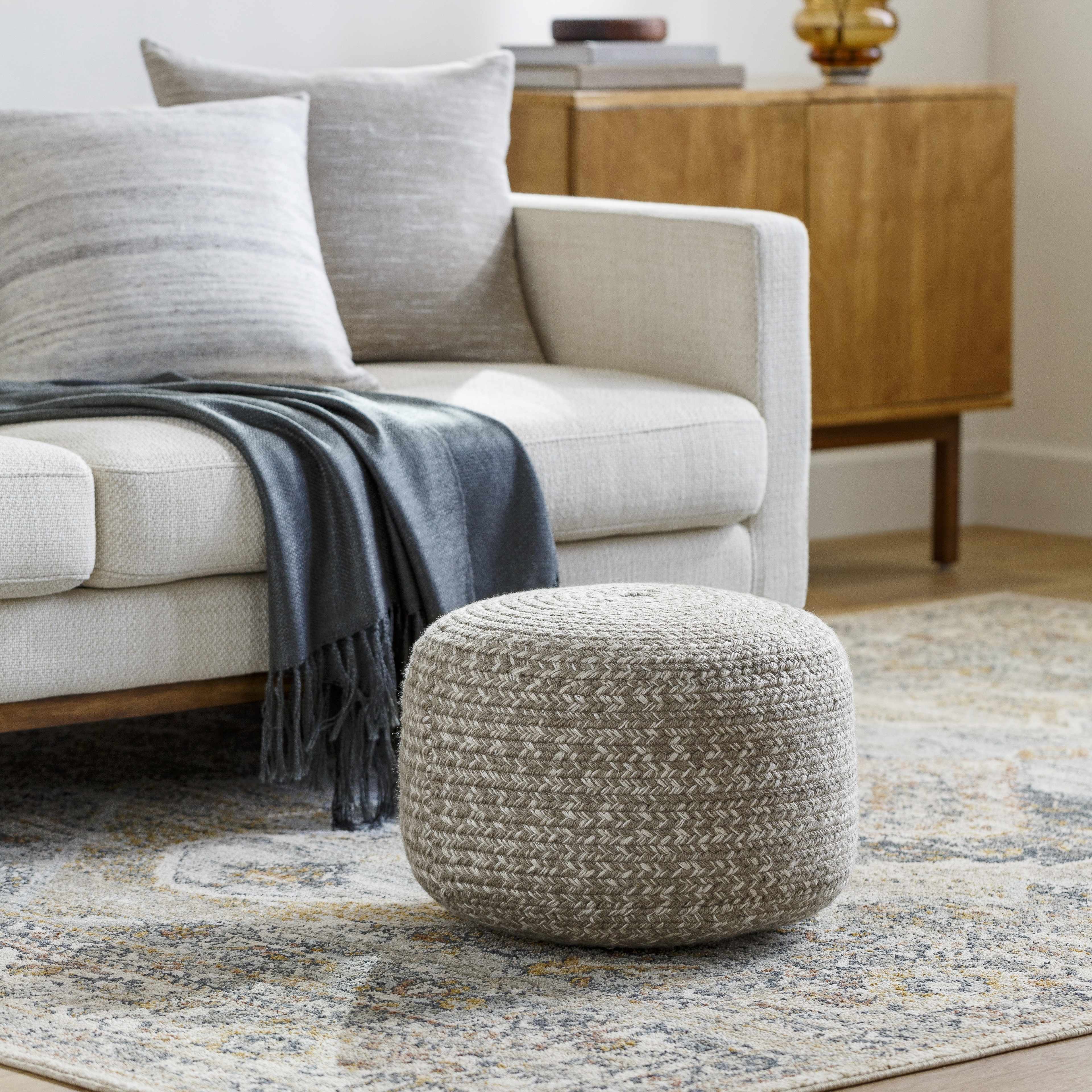 Tonanitla Natural Fiber Light Gray Knitted Pouf House Nimbus